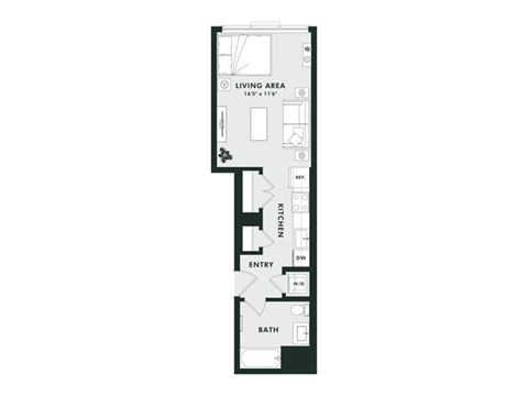 A floor plan of a small apartment with a living area, kitchen, entry and bath.